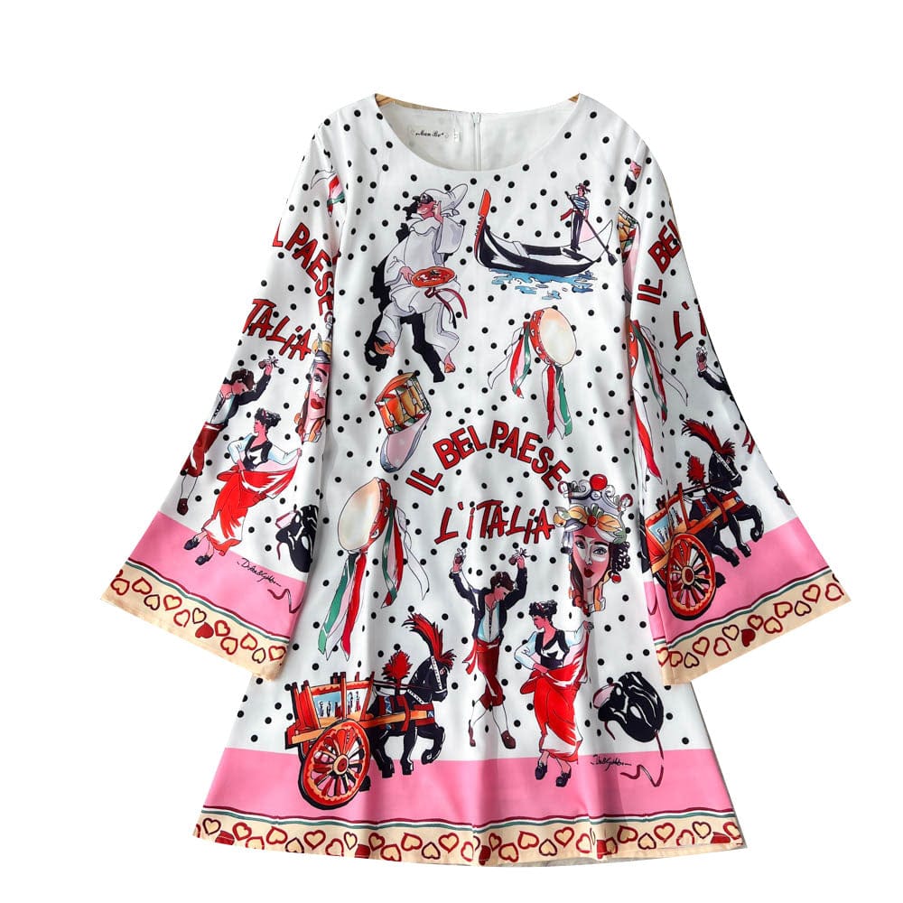 retro fashion slouchy style loose flare sleeve print dress women's middle length American style skirt trend