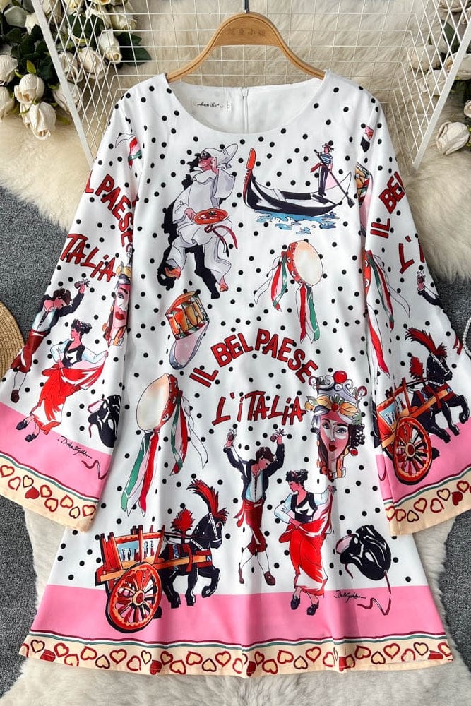 retro fashion slouchy style loose flare sleeve print dress women's middle length American style skirt trend