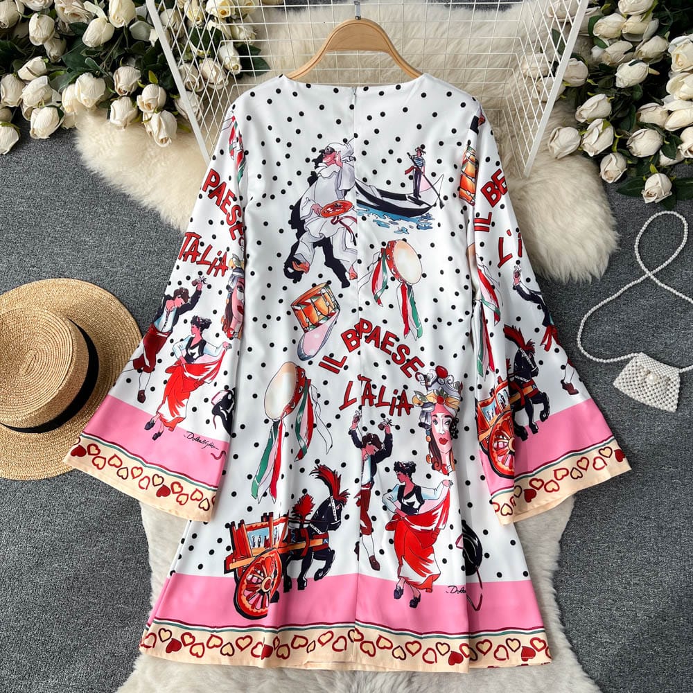 retro fashion slouchy style loose flare sleeve print dress women's middle length American style skirt trend
