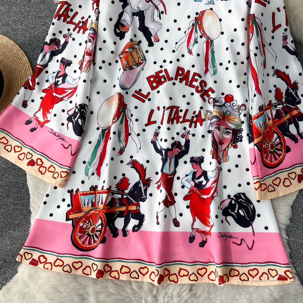retro fashion slouchy style loose flare sleeve print dress women's middle length American style skirt trend