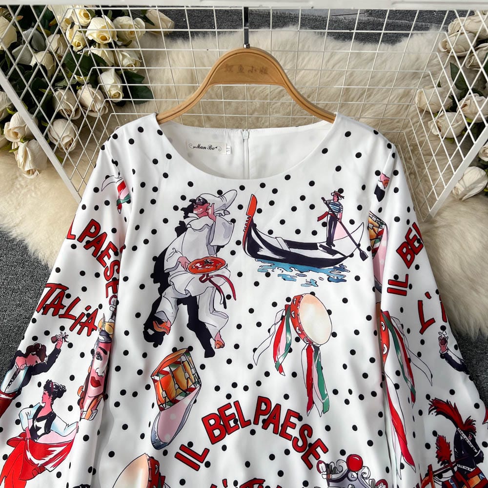retro fashion slouchy style loose flare sleeve print dress women's middle length American style skirt trend