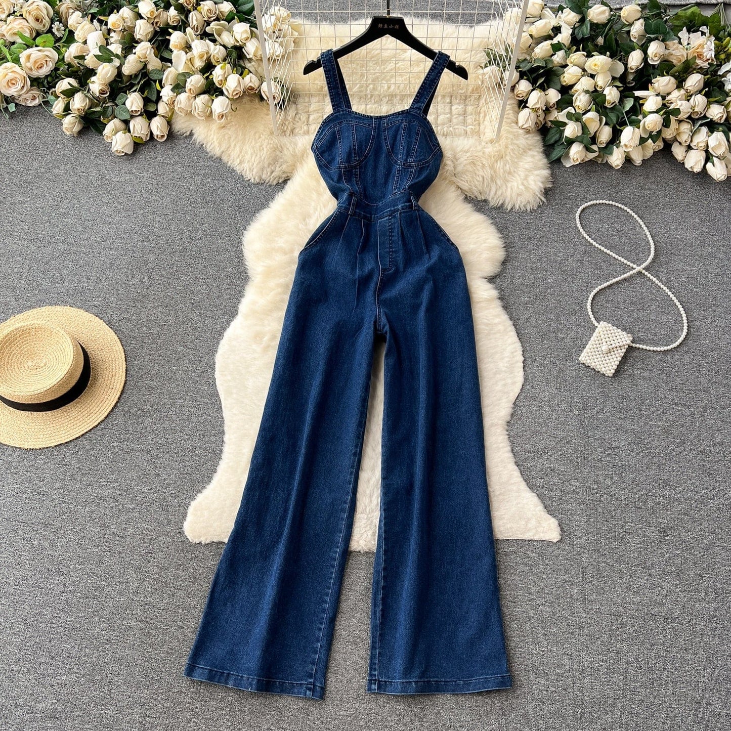 Retro Spice Style Halter Top Denim Jumpsuit Women's Summer Waist Slim-Fit Wide-Leg Pants