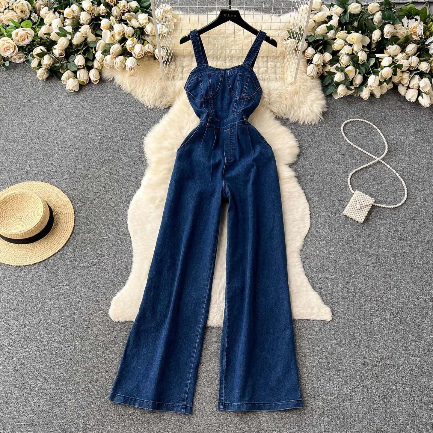 Retro Spice Style Halter Top Denim Jumpsuit Women's Summer Waist Slim-Fit Wide-Leg Pants