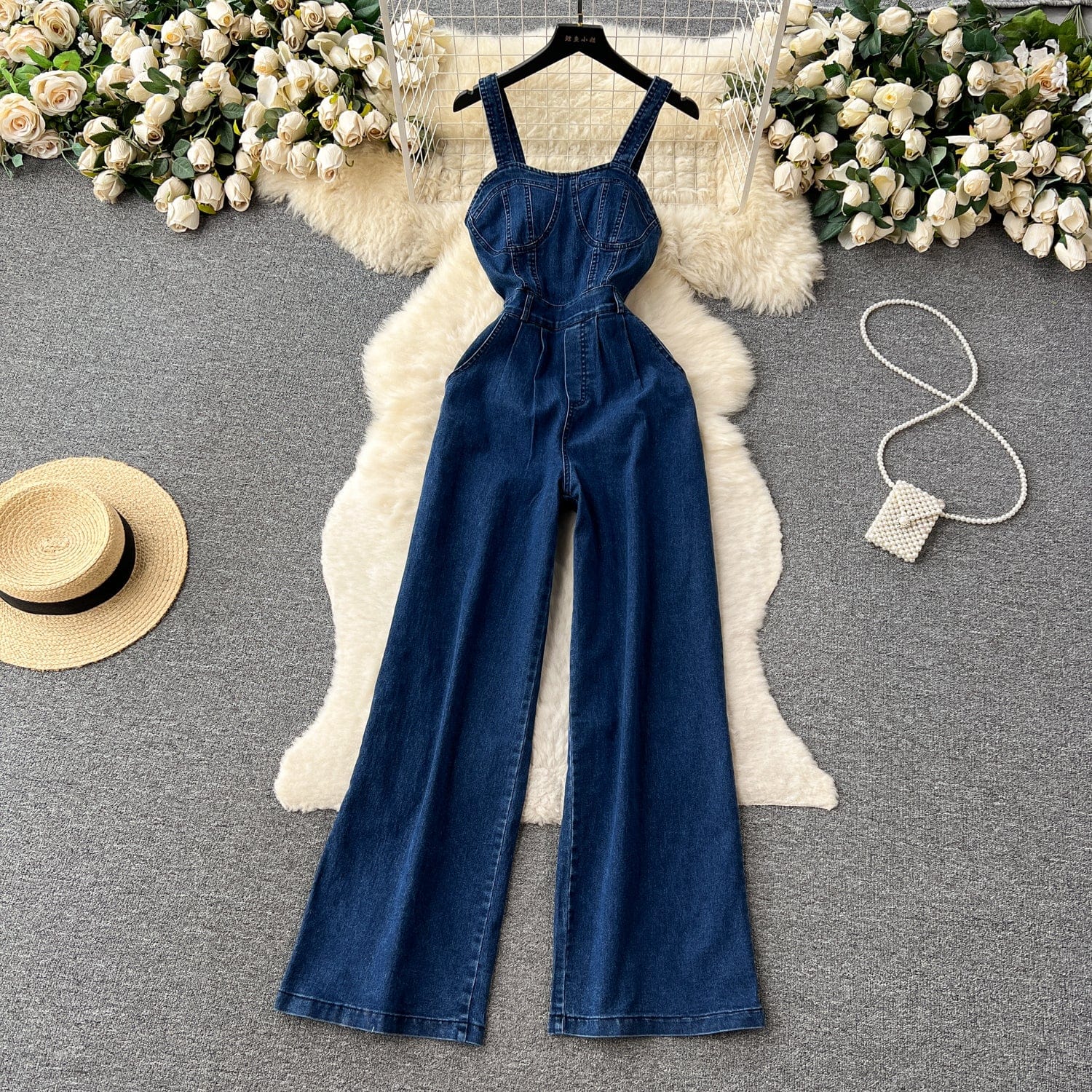 Retro Spice Style Halter Top Denim Jumpsuit Women's Summer Waist Slim-Fit Wide-Leg Pants
