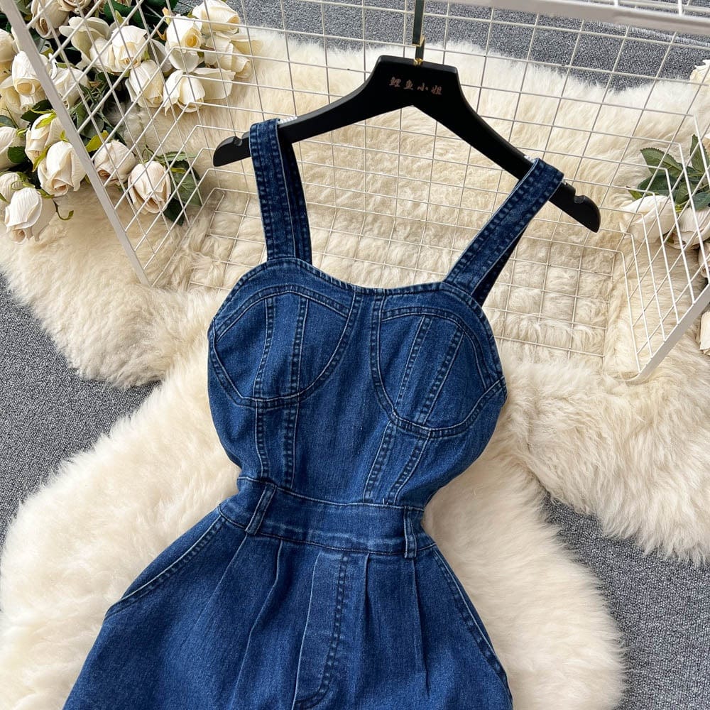 Retro Spice Style Halter Top Denim Jumpsuit Women's Summer Waist Slim-Fit Wide-Leg Pants
