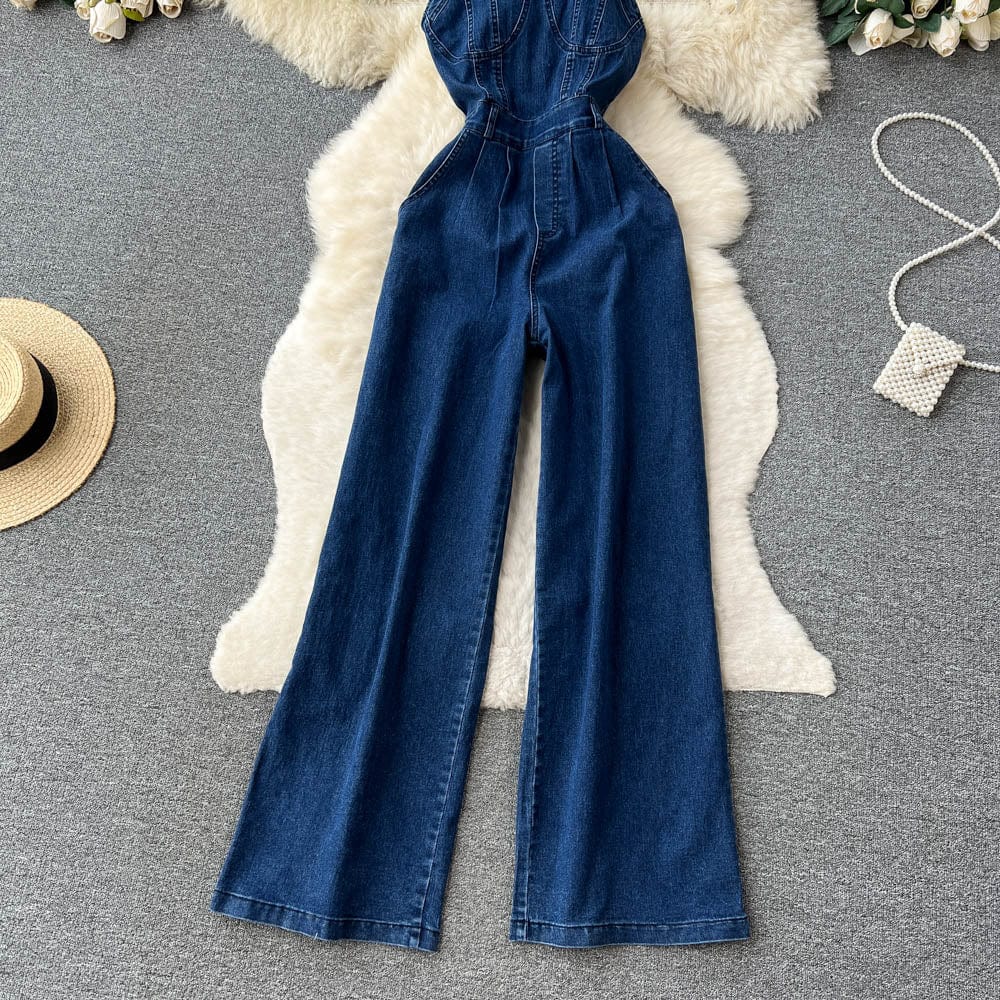 Retro Spice Style Halter Top Denim Jumpsuit Women's Summer Waist Slim-Fit Wide-Leg Pants