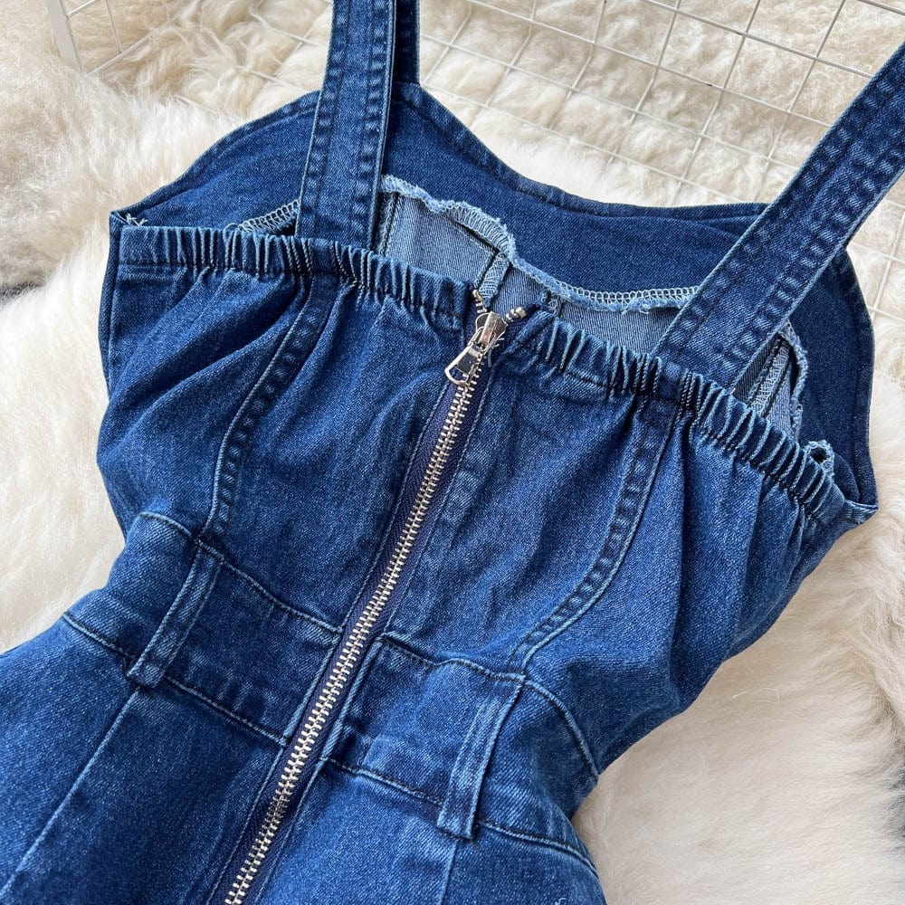 Retro Spice Style Halter Top Denim Jumpsuit Women's Summer Waist Slim-Fit Wide-Leg Pants