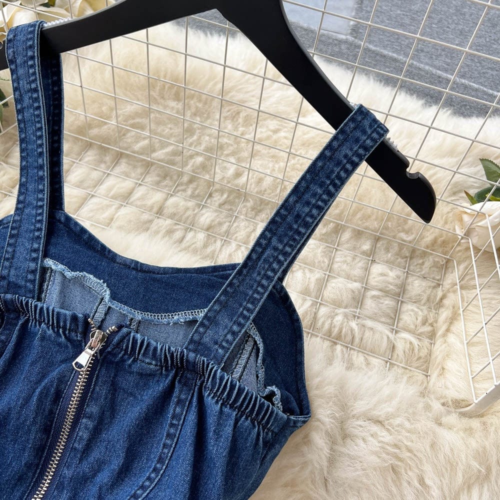 Retro Spice Style Halter Top Denim Jumpsuit Women's Summer Waist Slim-Fit Wide-Leg Pants