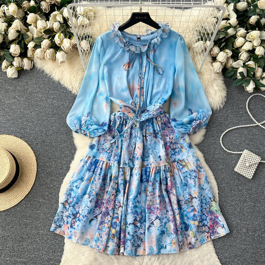 Retro style chiffon printed long sleeved dress for women's new style waistband slim temperament A-line short skirt