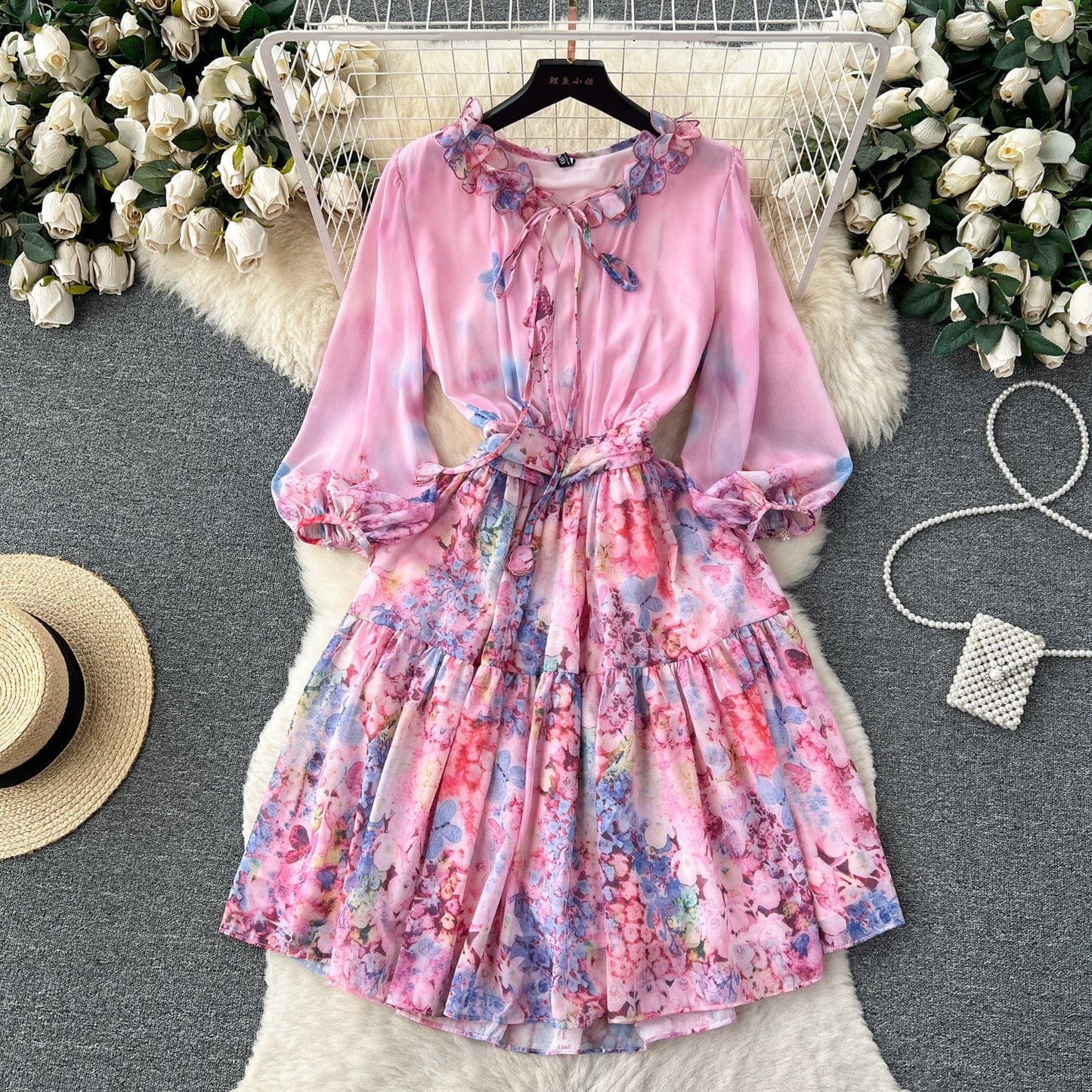 Retro style chiffon printed long sleeved dress for women's new style waistband slim temperament A-line short skirt