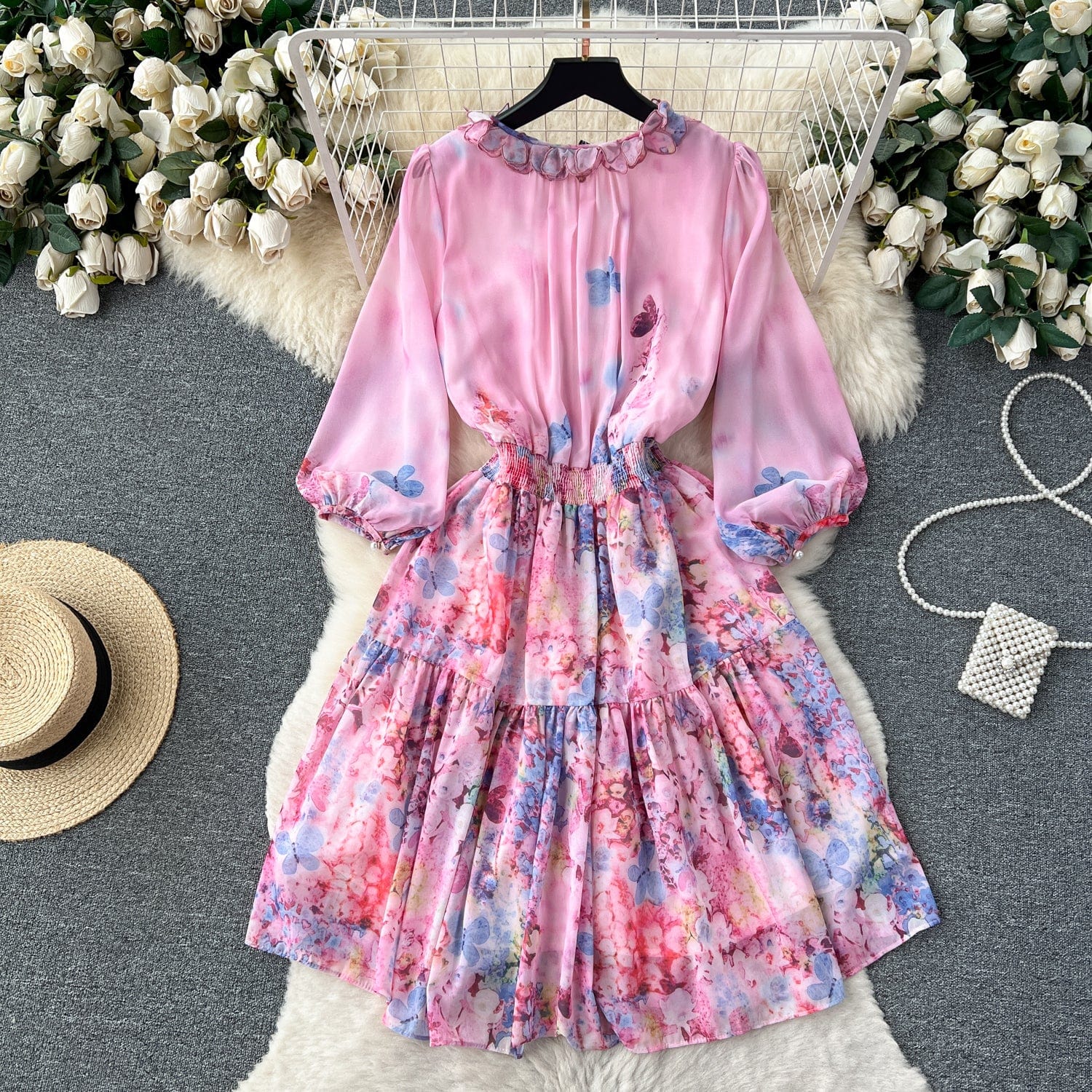 Retro style chiffon printed long sleeved dress for women's new style waistband slim temperament A-line short skirt