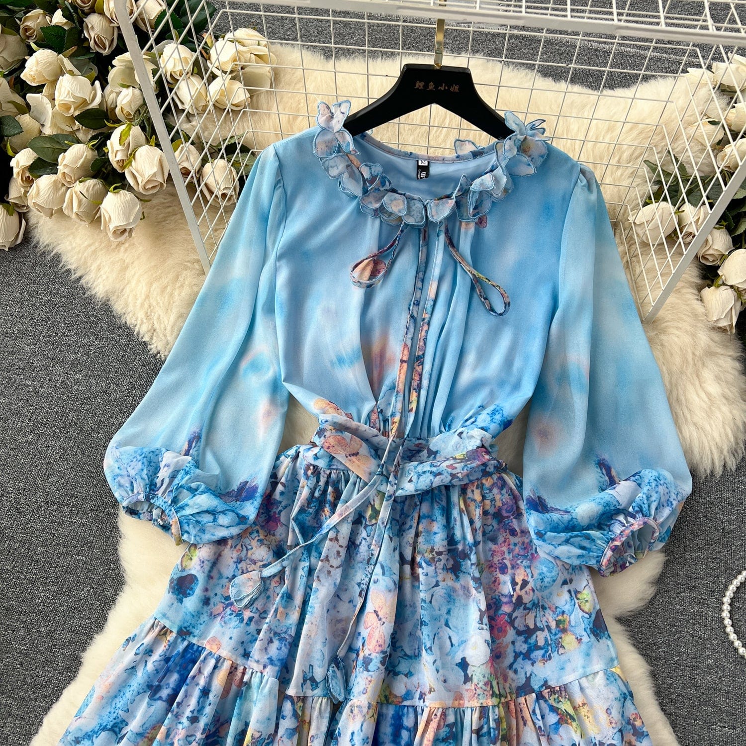 Retro style chiffon printed long sleeved dress for women's new style waistband slim temperament A-line short skirt