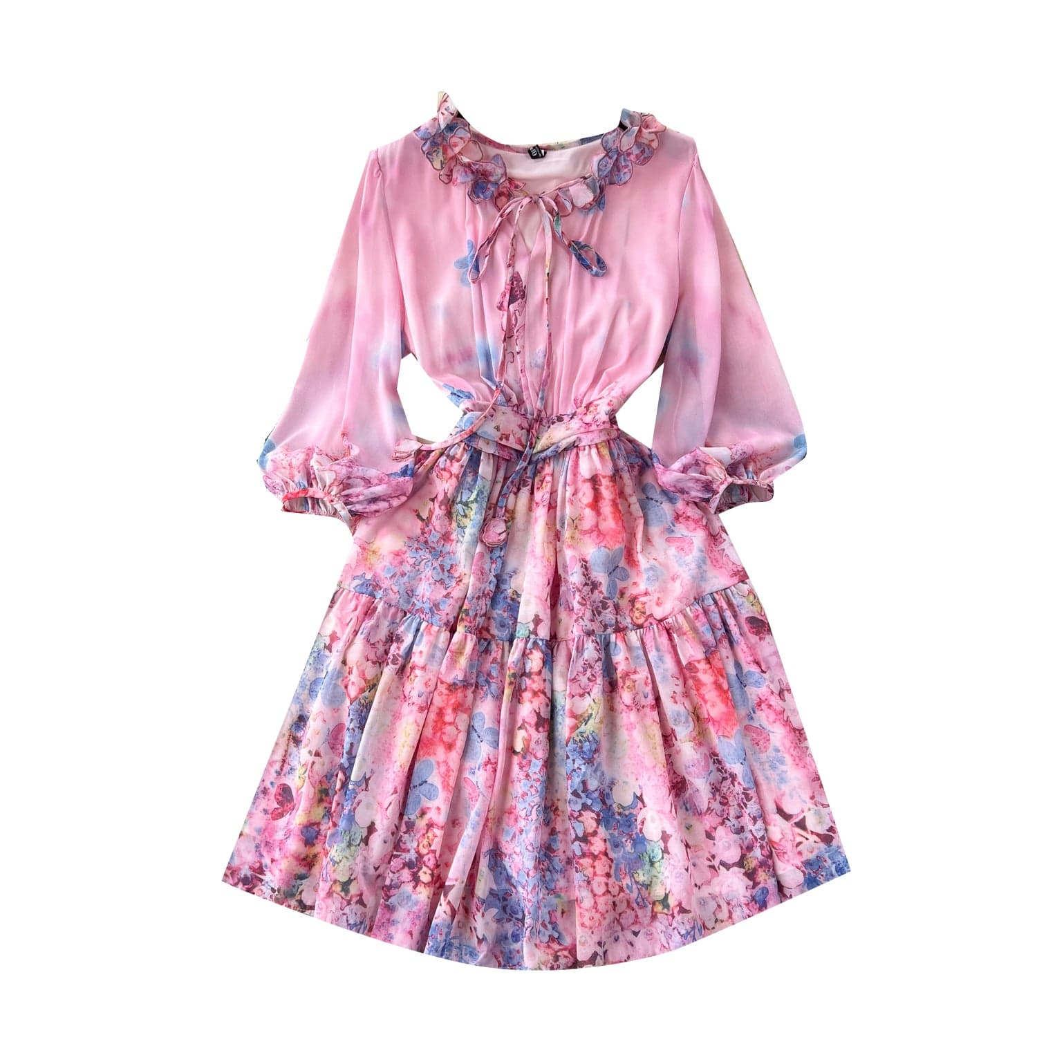 Retro style chiffon printed long sleeved dress for women's new style waistband slim temperament A-line short skirt