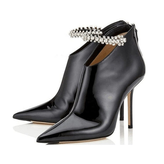Retro Style Ladies Black Leather Ankle Boots High Stiletto Heel Rhinestone Decor Back Zipper Short Booties Fancy Shoes Women