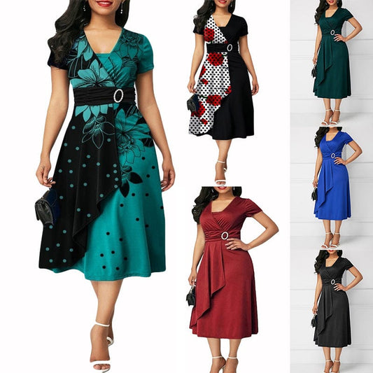 Retro Women High Waist Irregular Midi Dresses Summer Fashion V-neck Short Sleeve A-line Party Dress Elegant Office Lady