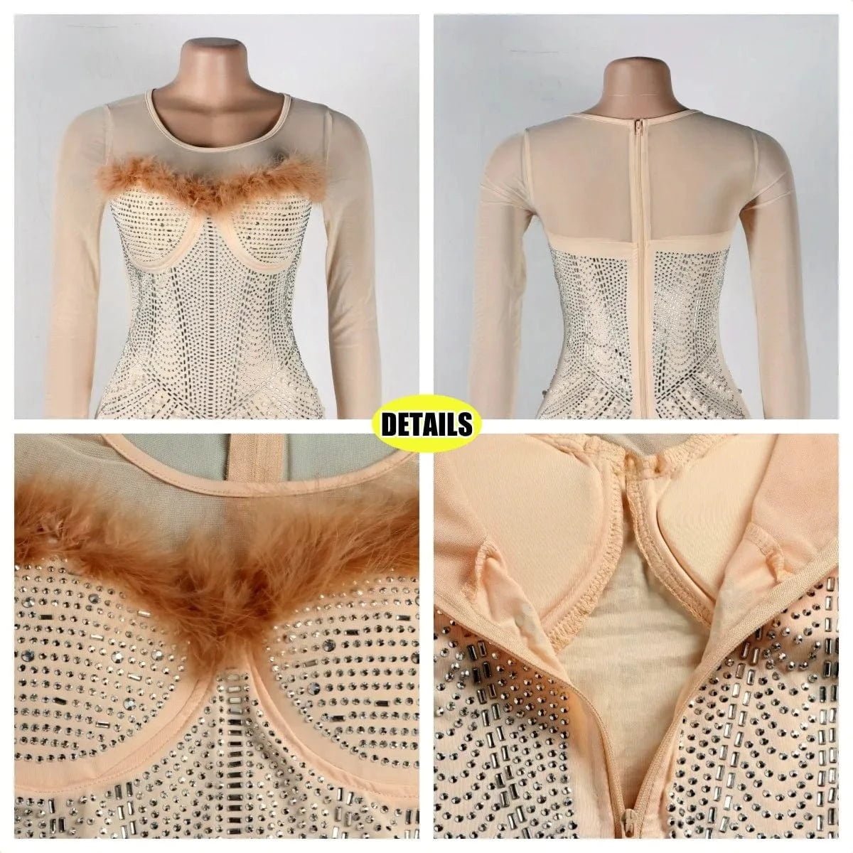 Rhinestone Beaded Fur Dress Women Mesh See Through Sexy Night Club Dresses New Female Party Evening Mini Dress