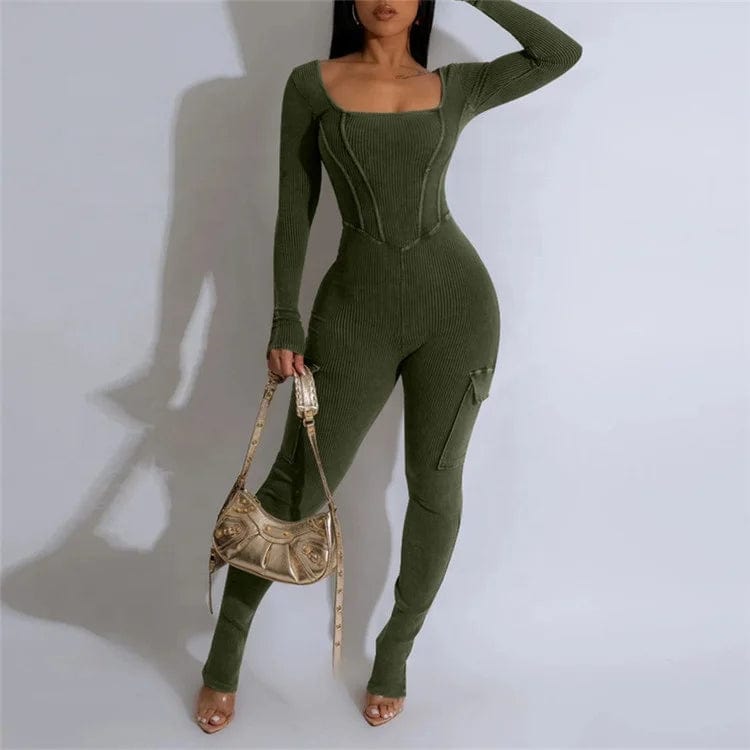 Ribbed Fitness Jumpsuit Women Casual Low-Neck Sporty Stretch Street High Quality Activity Workout Overalls