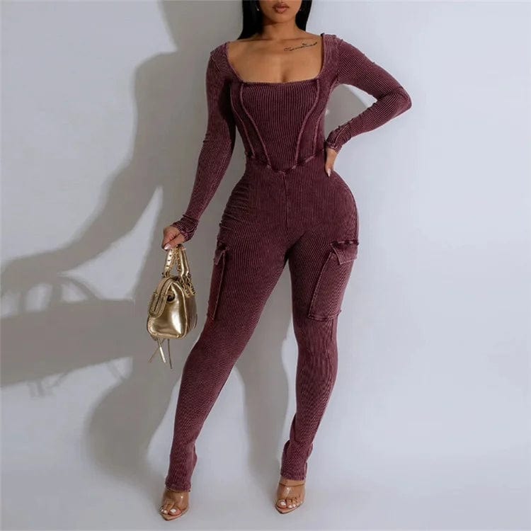Ribbed Fitness Jumpsuit Women Casual Low-Neck Sporty Stretch Street High Quality Activity Workout Overalls