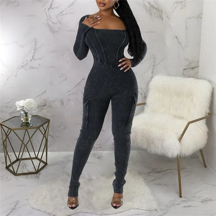 Ribbed Fitness Jumpsuit Women Casual Low-Neck Sporty Stretch Street High Quality Activity Workout Overalls