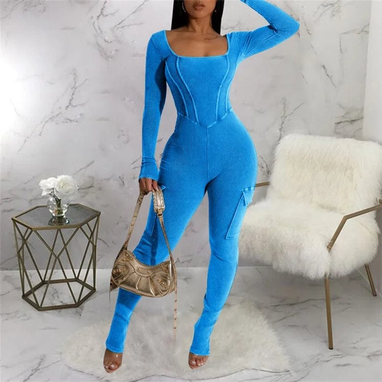 Ribbed Fitness Jumpsuit Women Casual Low-Neck Sporty Stretch Street High Quality Activity Workout Overalls