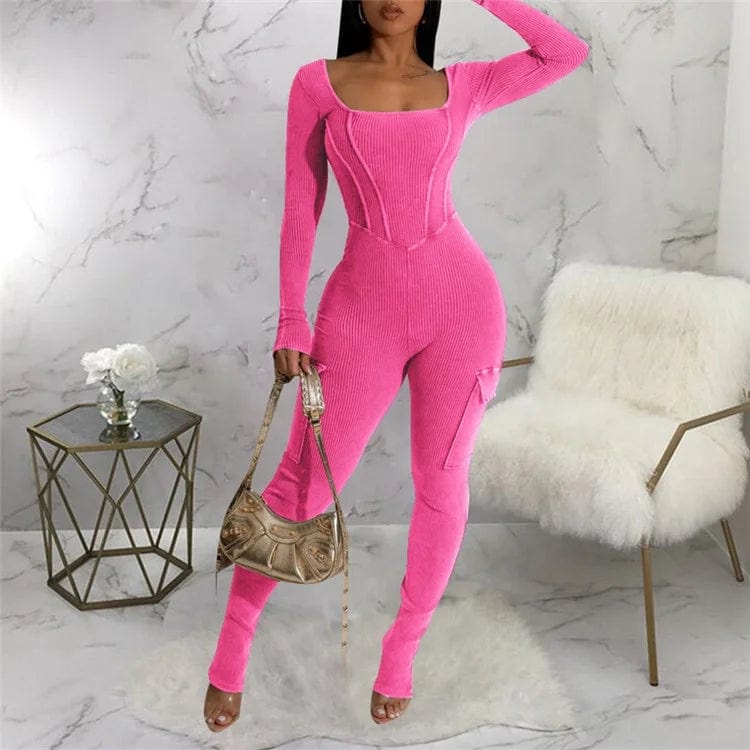 Ribbed Fitness Jumpsuit Women Casual Low-Neck Sporty Stretch Street High Quality Activity Workout Overalls