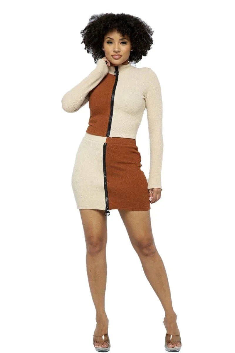Ribbed sexy Two-piece suit matching supplier zipper short skirt tights suit women's long-sleeved two-piece dress
