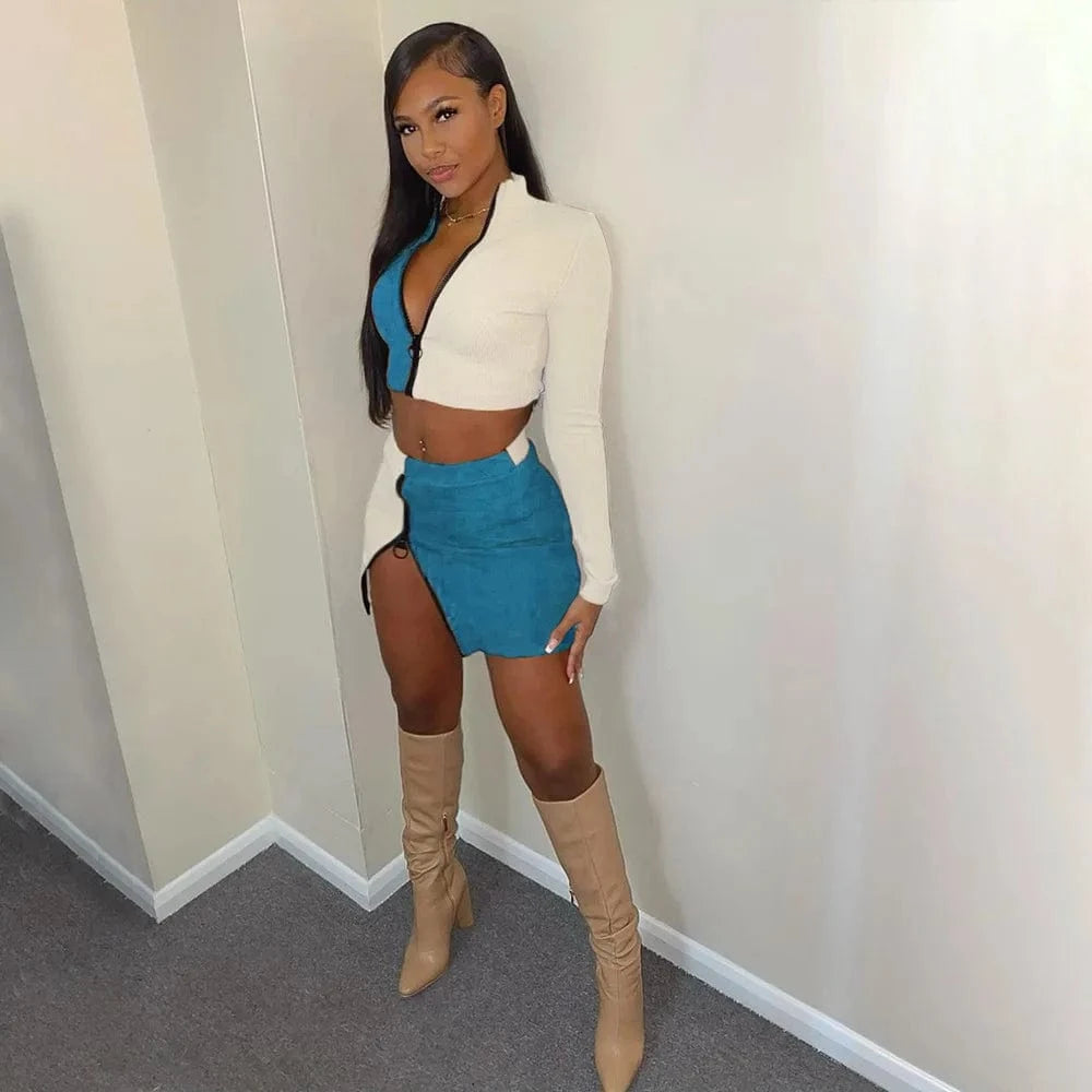 Ribbed sexy Two-piece suit matching supplier zipper short skirt tights suit women's long-sleeved two-piece dress