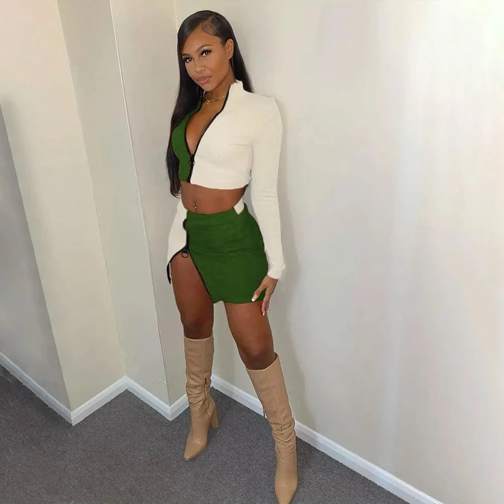 Ribbed sexy Two-piece suit matching supplier zipper short skirt tights suit women's long-sleeved two-piece dress