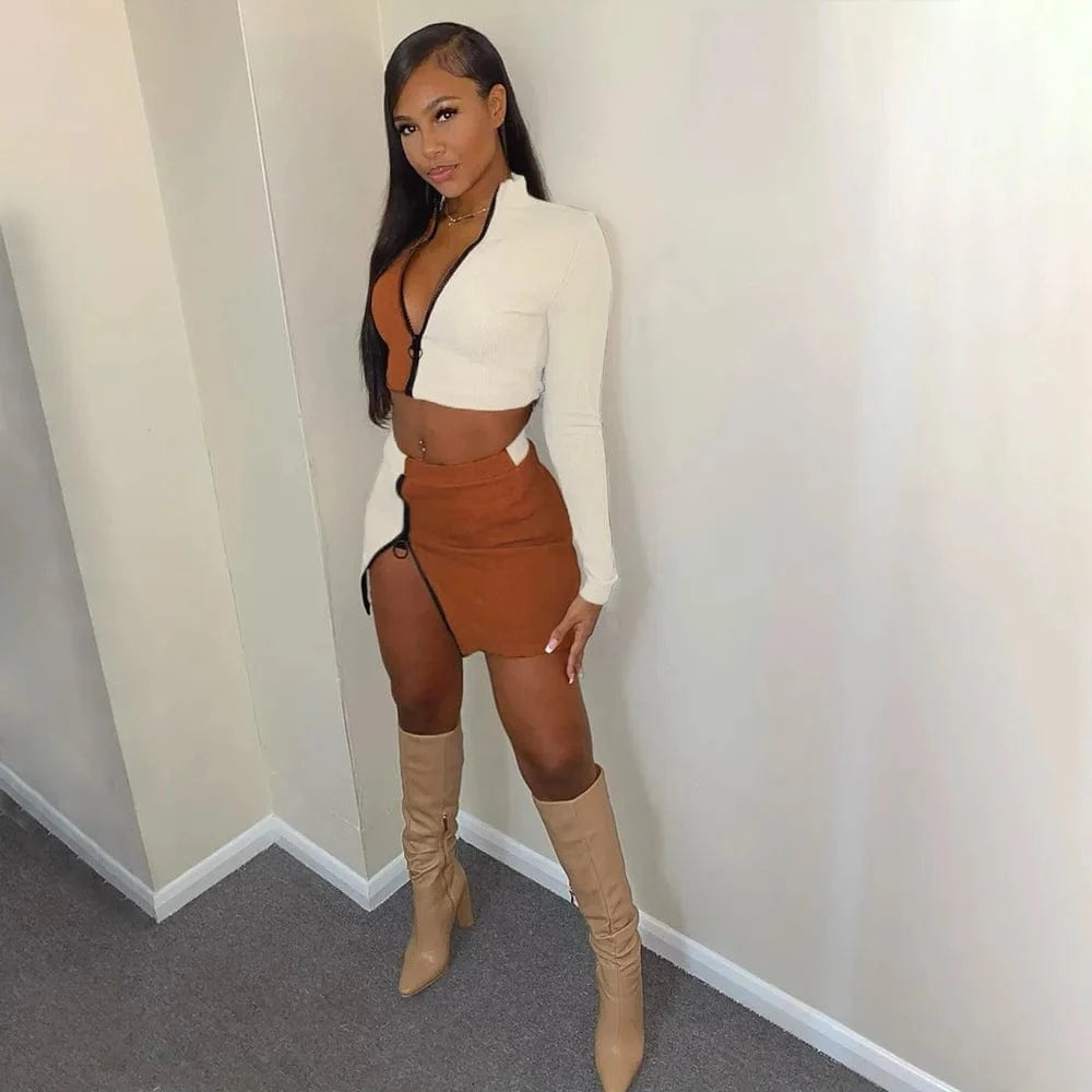 Ribbed sexy Two-piece suit matching supplier zipper short skirt tights suit women's long-sleeved two-piece dress