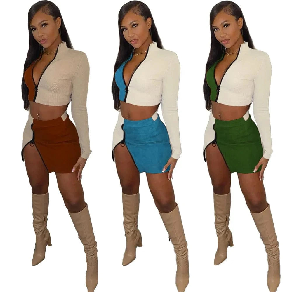 Ribbed sexy Two-piece suit matching supplier zipper short skirt tights suit women's long-sleeved two-piece dress