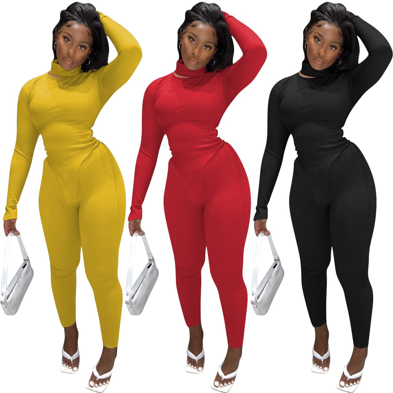 Ribbed Women Clothes Casual Solid Jogger 2 Piece Set Long Sleeve Turtleneck Two Piece Sets for Women Clothing