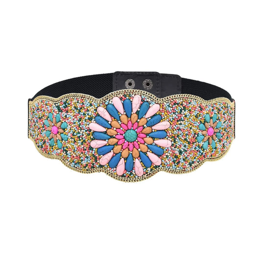 Rice Bead Women Belt Ethnic Statement Wide Elastic Body Belt for Girls Women Dancing Decoration