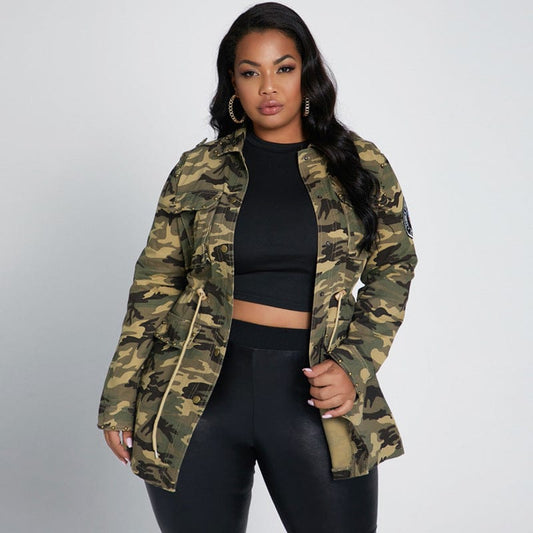 Rivet patch multi-bag drawstring cool camouflage tooling casual baseball uniform jacket plus size women's jacket ecowalson