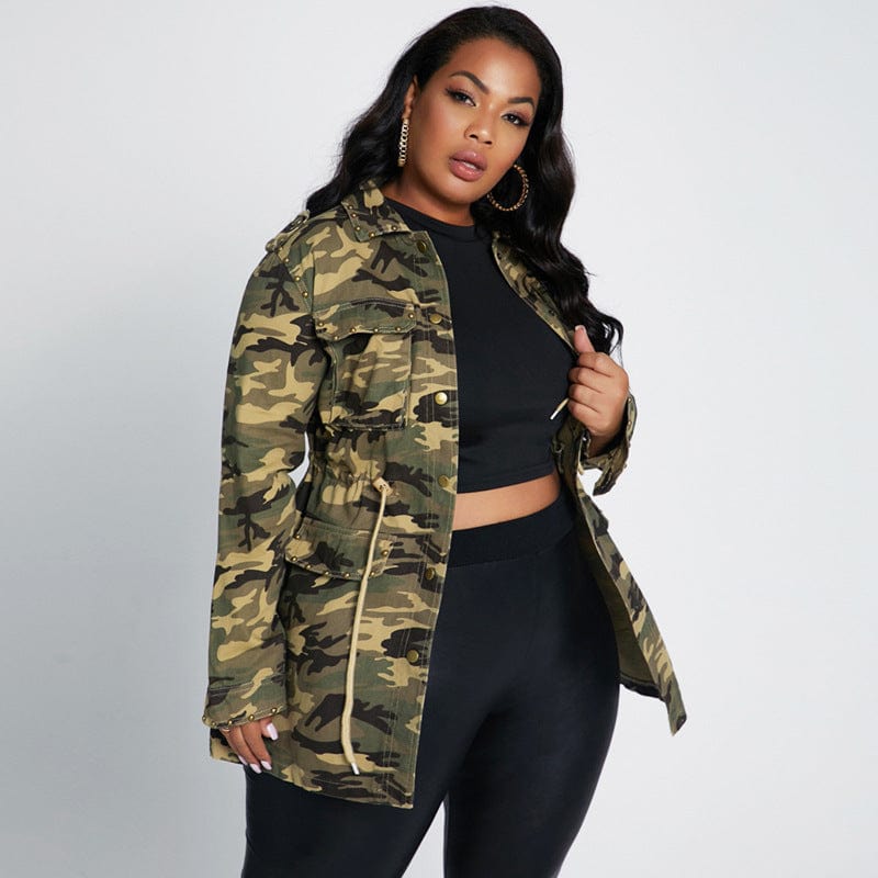 Rivet patch multi-bag drawstring cool camouflage tooling casual baseball uniform jacket plus size women's jacket ecowalson