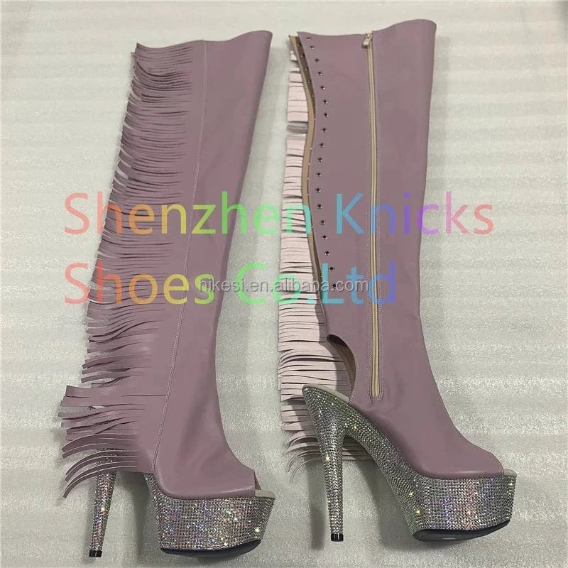 Rncksi 7 "- 17cm super high heel  diamond tassel long boots AB diamond sole shoes   A tassel on the side
