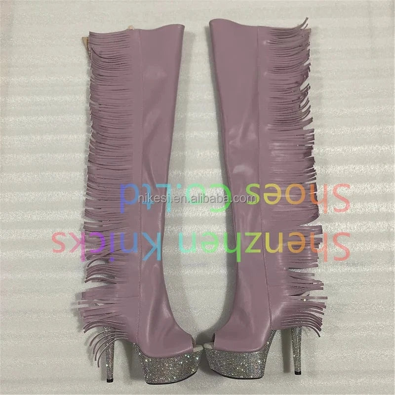 Rncksi 7 "- 17cm super high heel  diamond tassel long boots AB diamond sole shoes   A tassel on the side