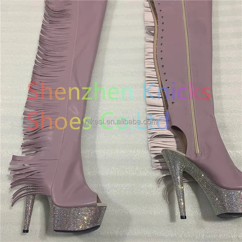 Rncksi 7 "- 17cm super high heel  diamond tassel long boots AB diamond sole shoes   A tassel on the side