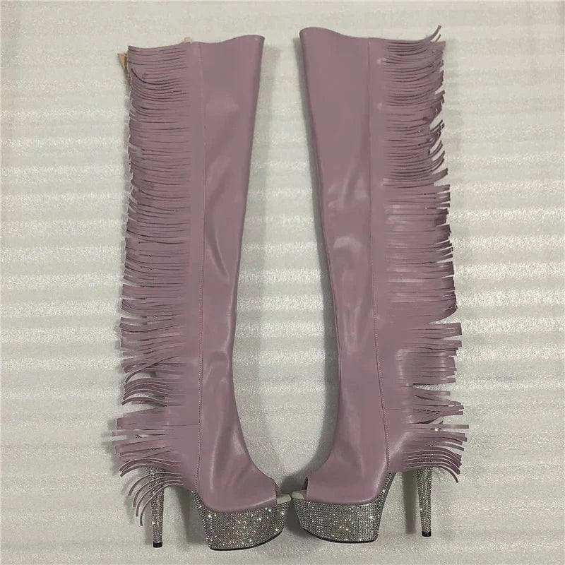 Rncksi 7 "- 17cm super high heel  diamond tassel long boots AB diamond sole shoes   A tassel on the side