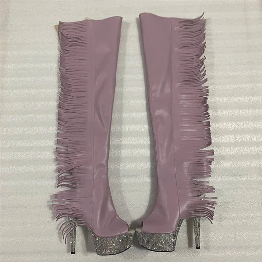 Rncksi 7 "- 17cm super high heel  diamond tassel long boots AB diamond sole shoes   A tassel on the side