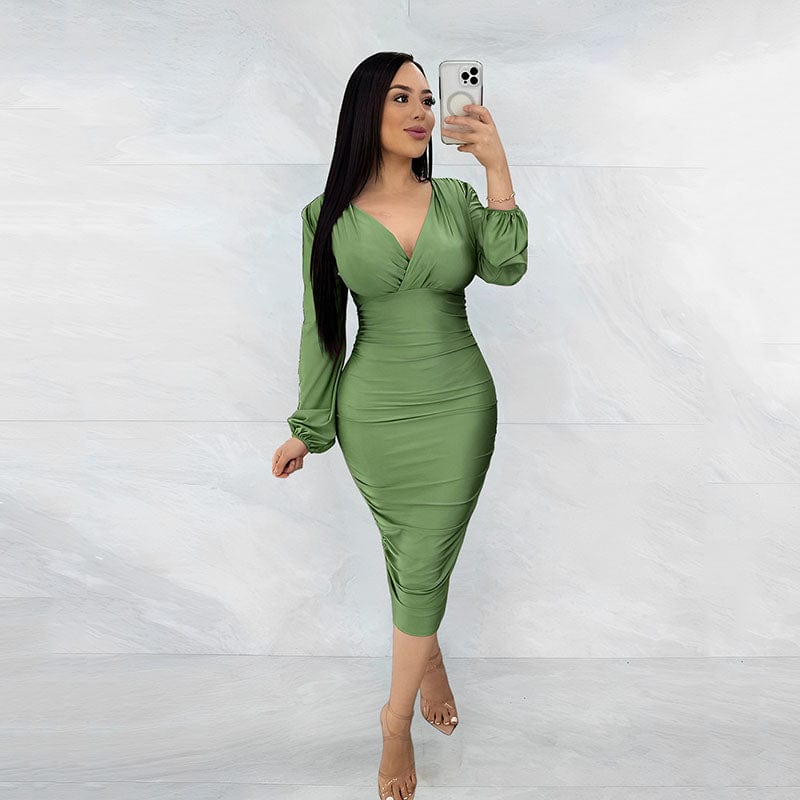 RNSHANGER Sexy V-neck Long Sleeve Folds Dress Autumn Black Blue Elegantes High Waist Solid Bodycon Dress for Women