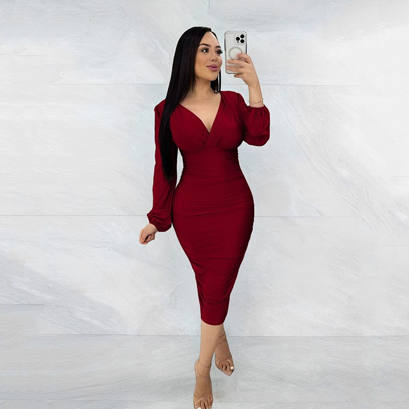 RNSHANGER Sexy V-neck Long Sleeve Folds Dress Autumn Black Blue Elegantes High Waist Solid Bodycon Dress for Women