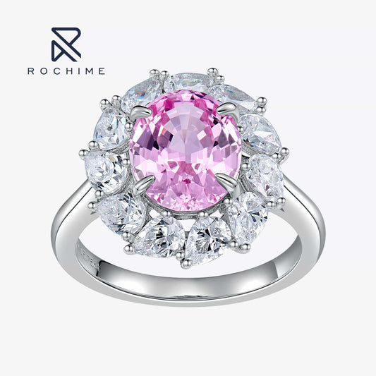 Rochime flower cluster lab grown padparadscha pink gemstone rings 925 sterling silver gold plated  trendy jewelry for women