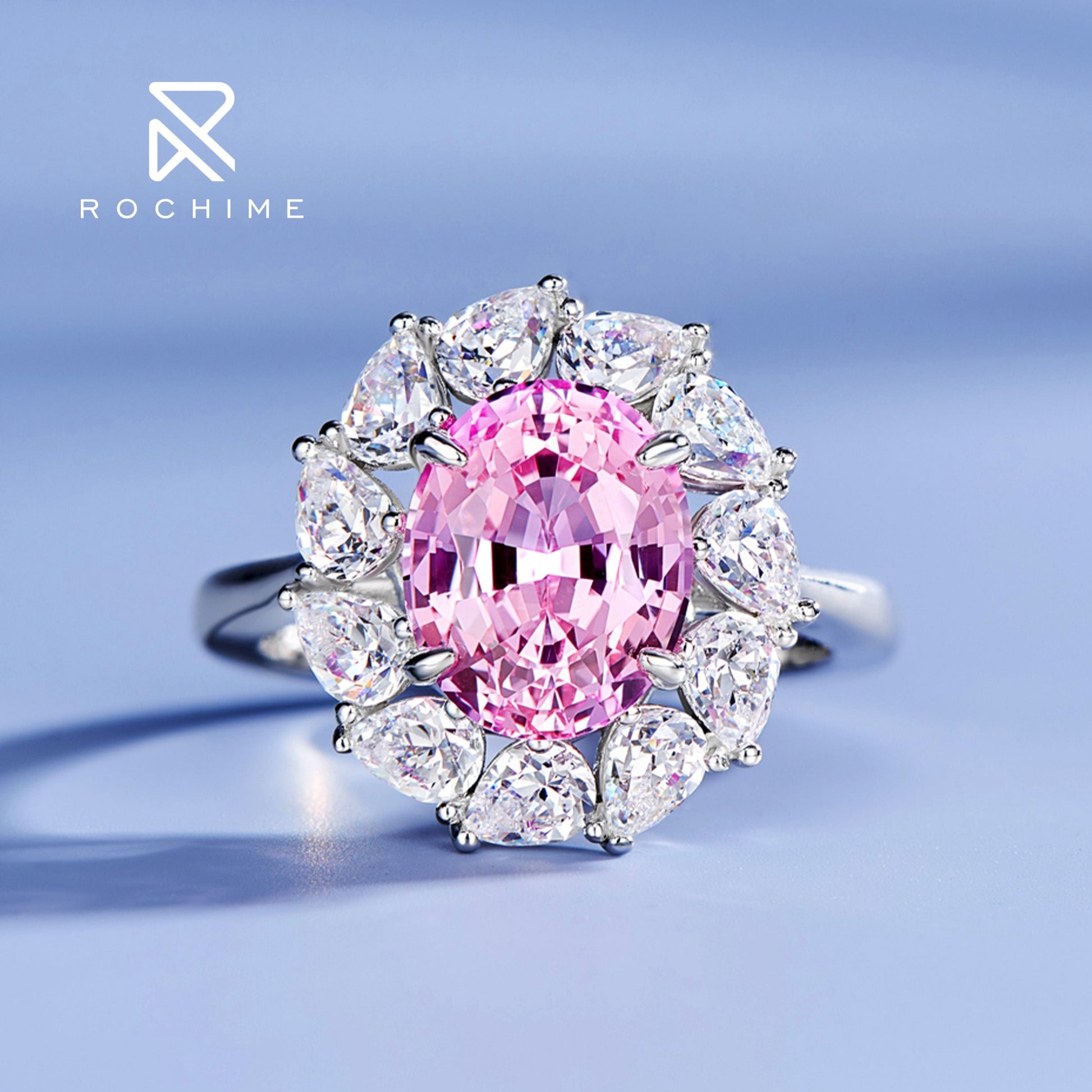 Rochime flower cluster lab grown padparadscha pink gemstone rings 925 sterling silver gold plated  trendy jewelry for women