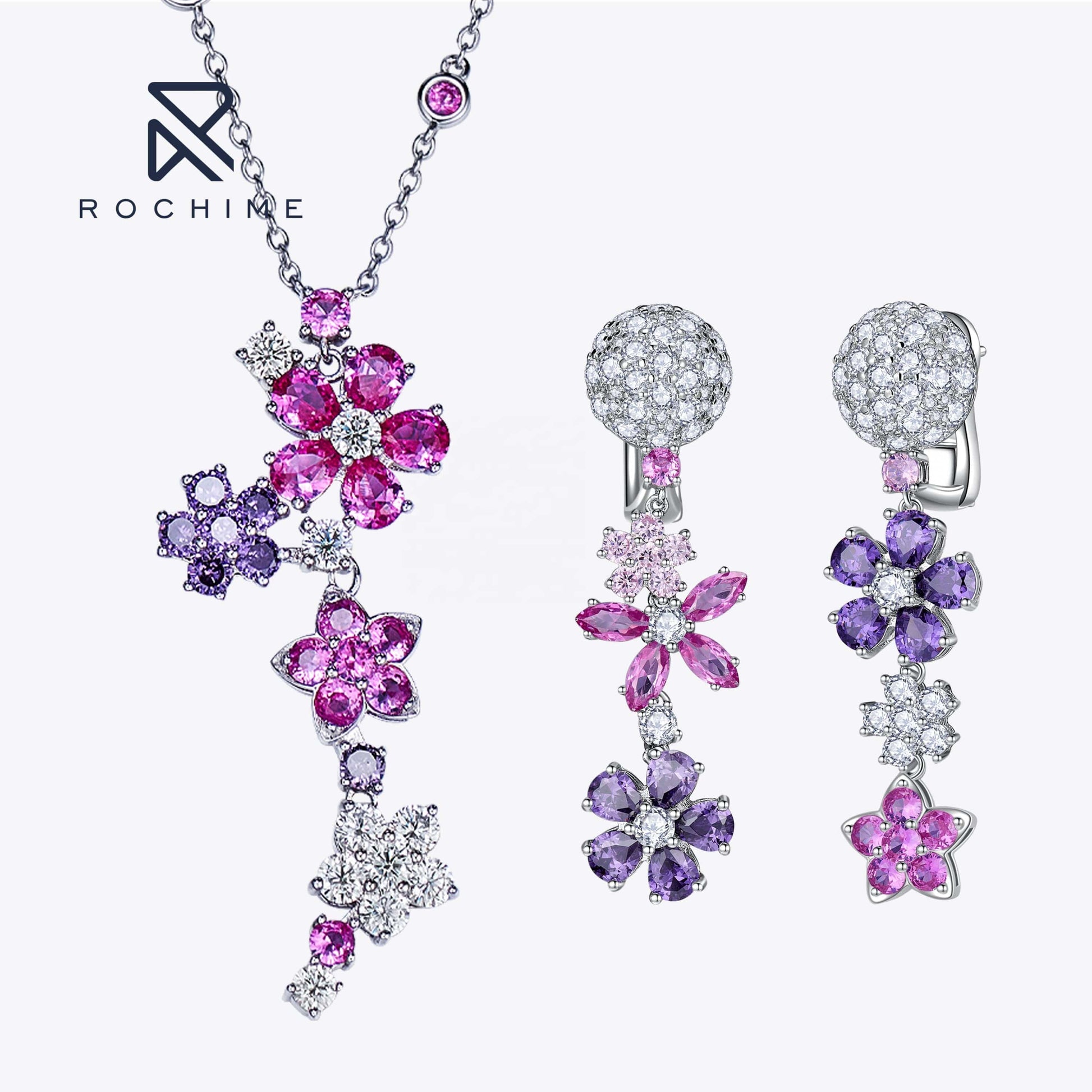 Rochime stylish  jewelry set summer flower diamond necklace  earring  925 silver  rhodium plated jewelry