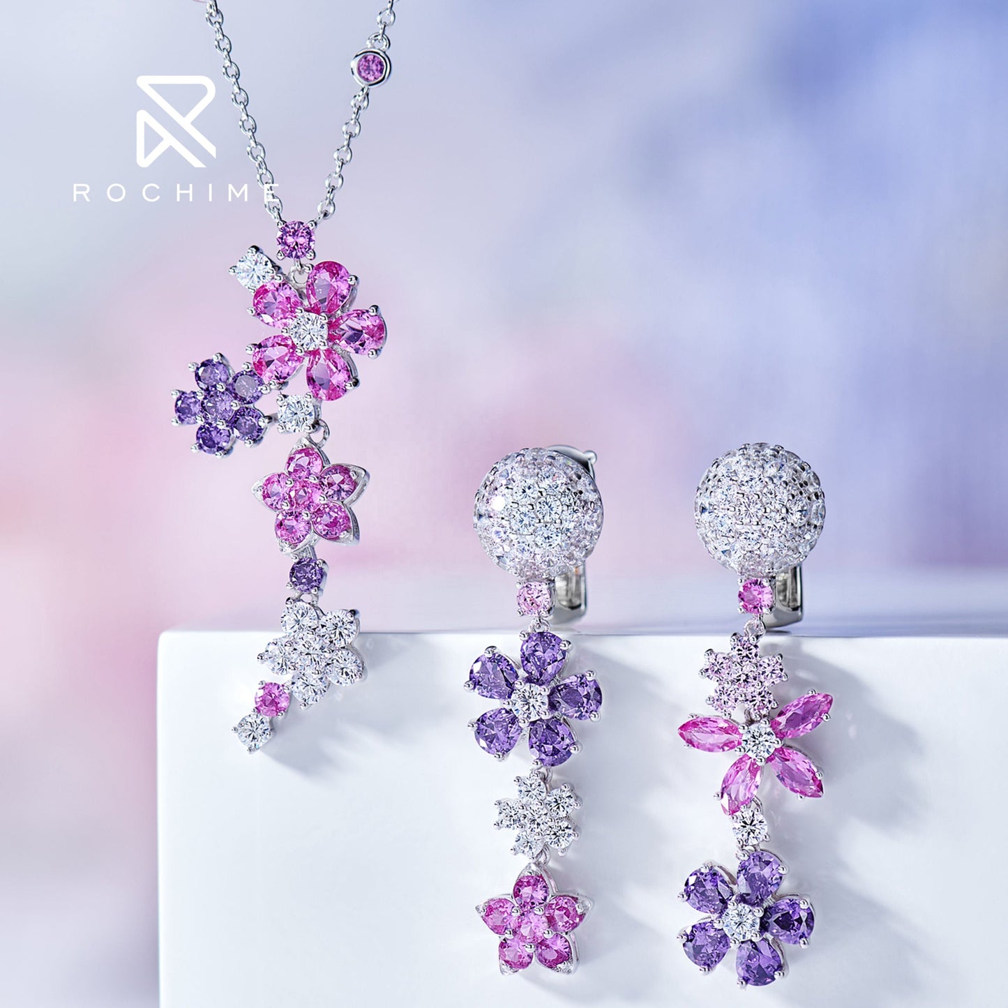 Rochime stylish  jewelry set summer flower diamond necklace  earring  925 silver  rhodium plated jewelry