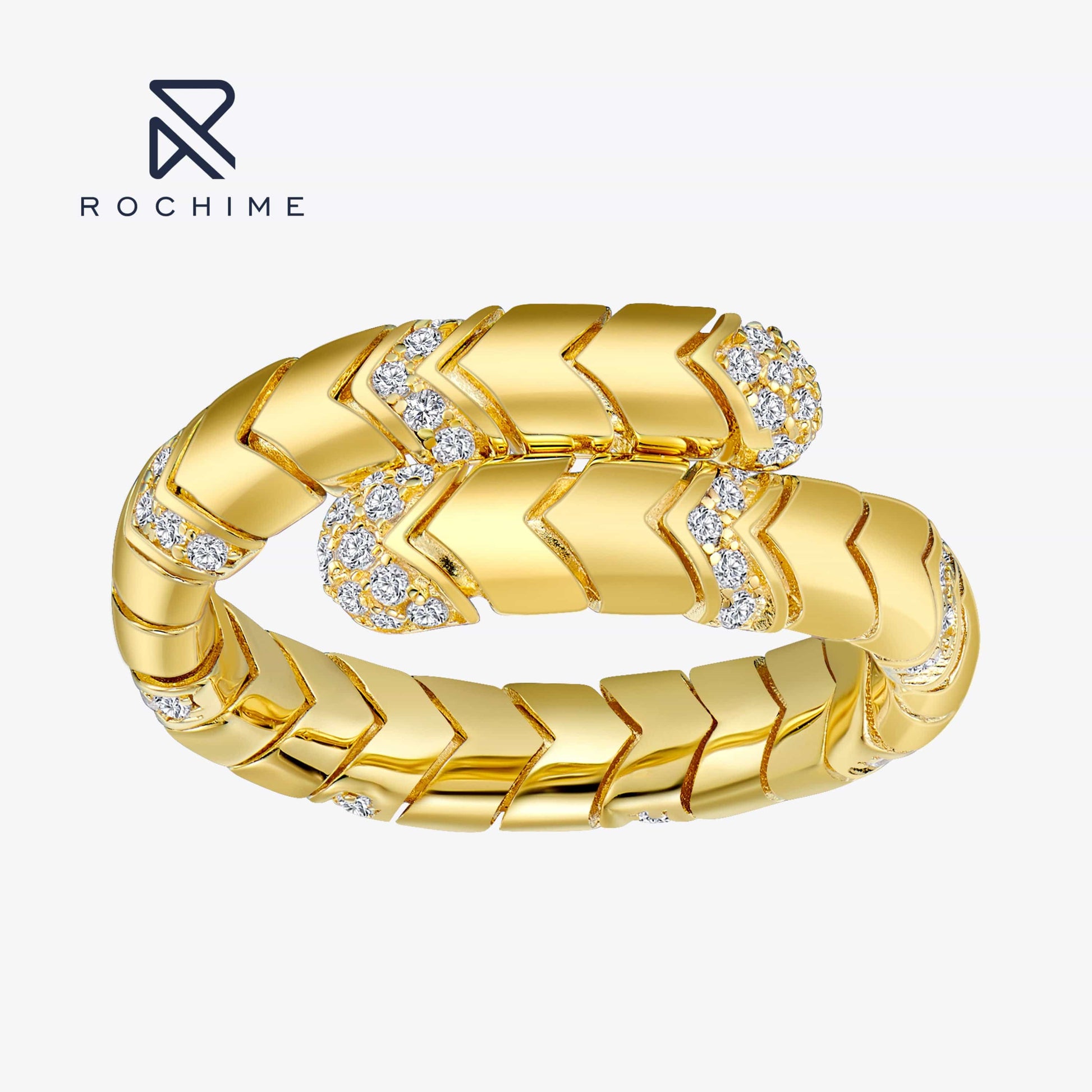 Rochime  vintage spring snake yellow gold plated snake open ring luxury fine jewelry for female