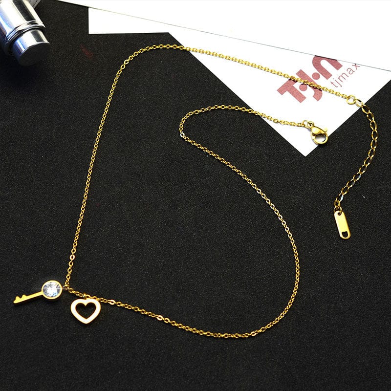 Romantic Key Lock to Heart Pendant Necklaces Women Gold Color Necklace Sterling Silver Jewelry