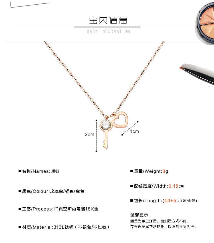 Romantic Key Lock to Heart Pendant Necklaces Women Gold Color Necklace Sterling Silver Jewelry