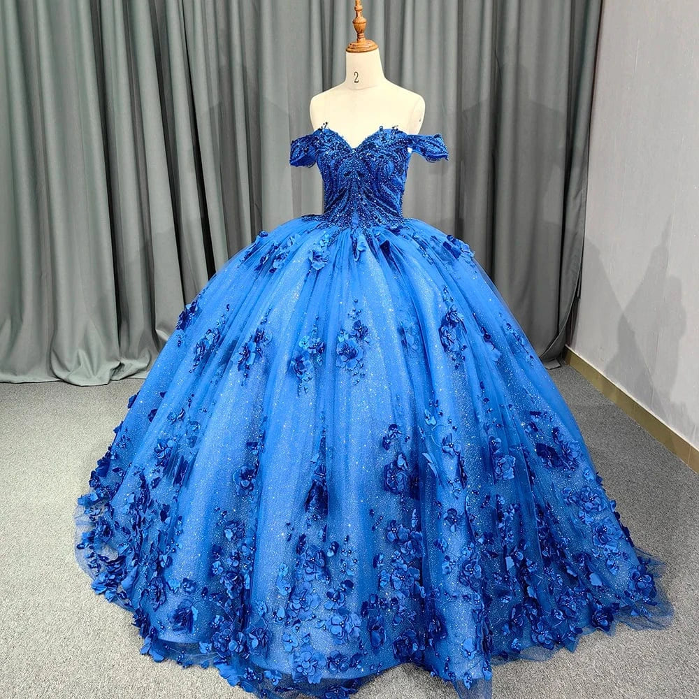 Romantic Lake blue Off Shoulder Ball Gown Quinceanera Dresses 3D Flowers Tulle Sweet 16 Party Gown 9963