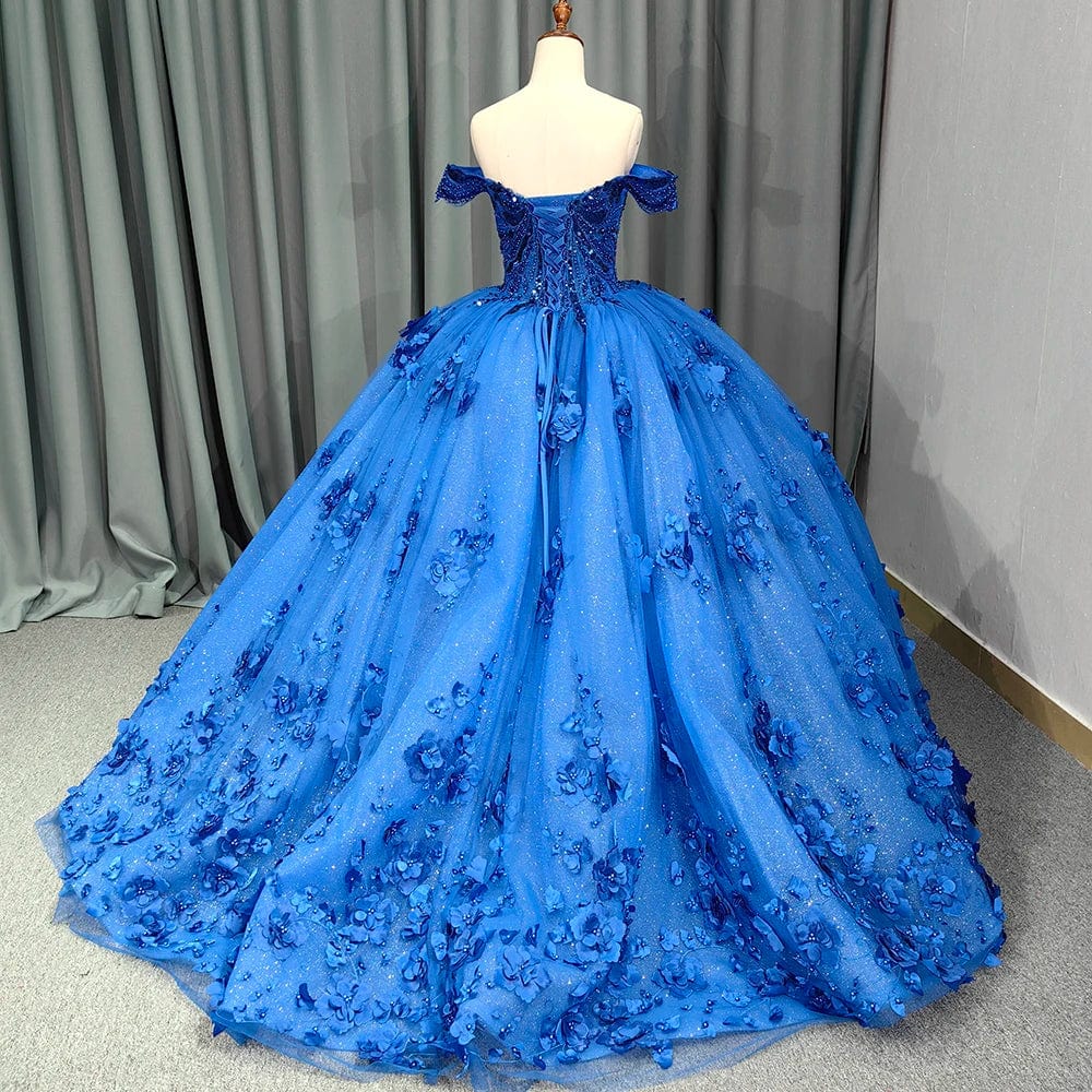 Romantic Lake blue Off Shoulder Ball Gown Quinceanera Dresses 3D Flowers Tulle Sweet 16 Party Gown 9963